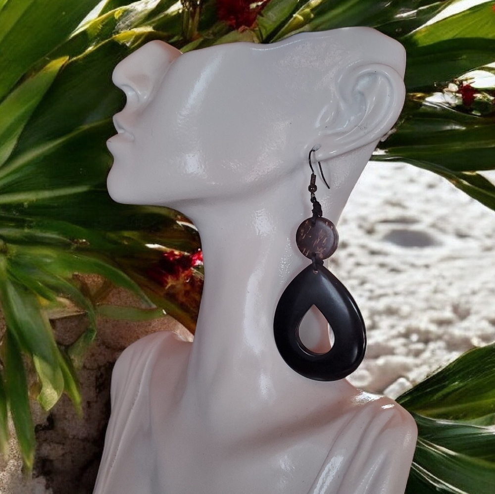 Tagua Nut large tear drop earrings black brown Fair Trade New